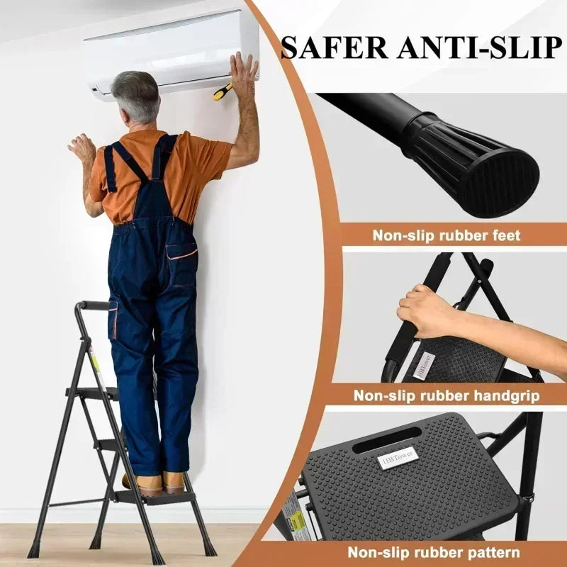 3 Step Ladder, Folding Stool with Anti-Slip Pedal & Handrail