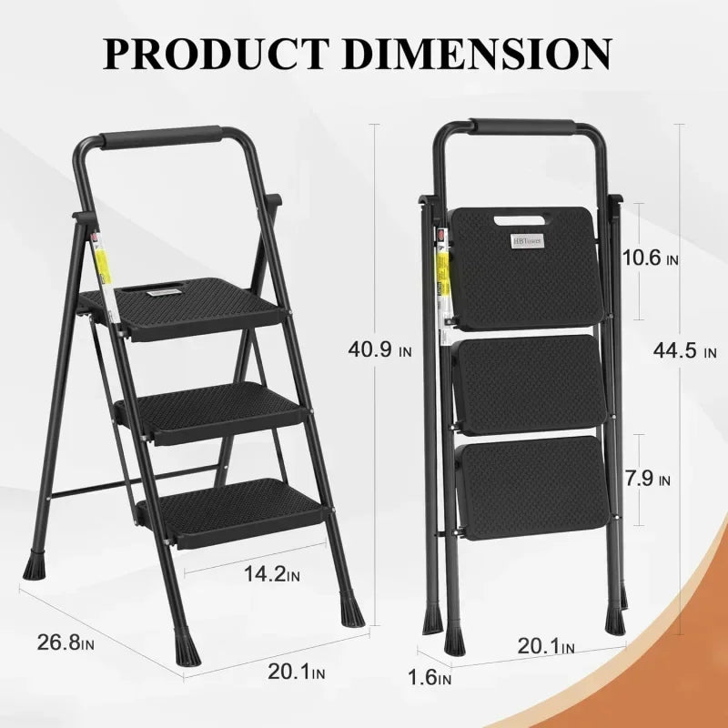 3 Step Ladder, Folding Stool with Anti-Slip Pedal & Handrail