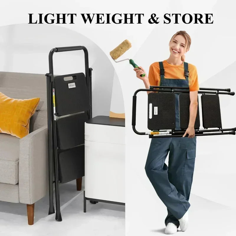 3 Step Ladder, Folding Stool with Anti-Slip Pedal & Handrail